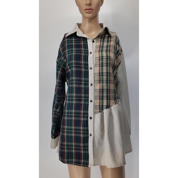 Dresses & Skirts - Plaid Button-Down Shirt Dress Small Mixed Pattern Cotton Blend Casual